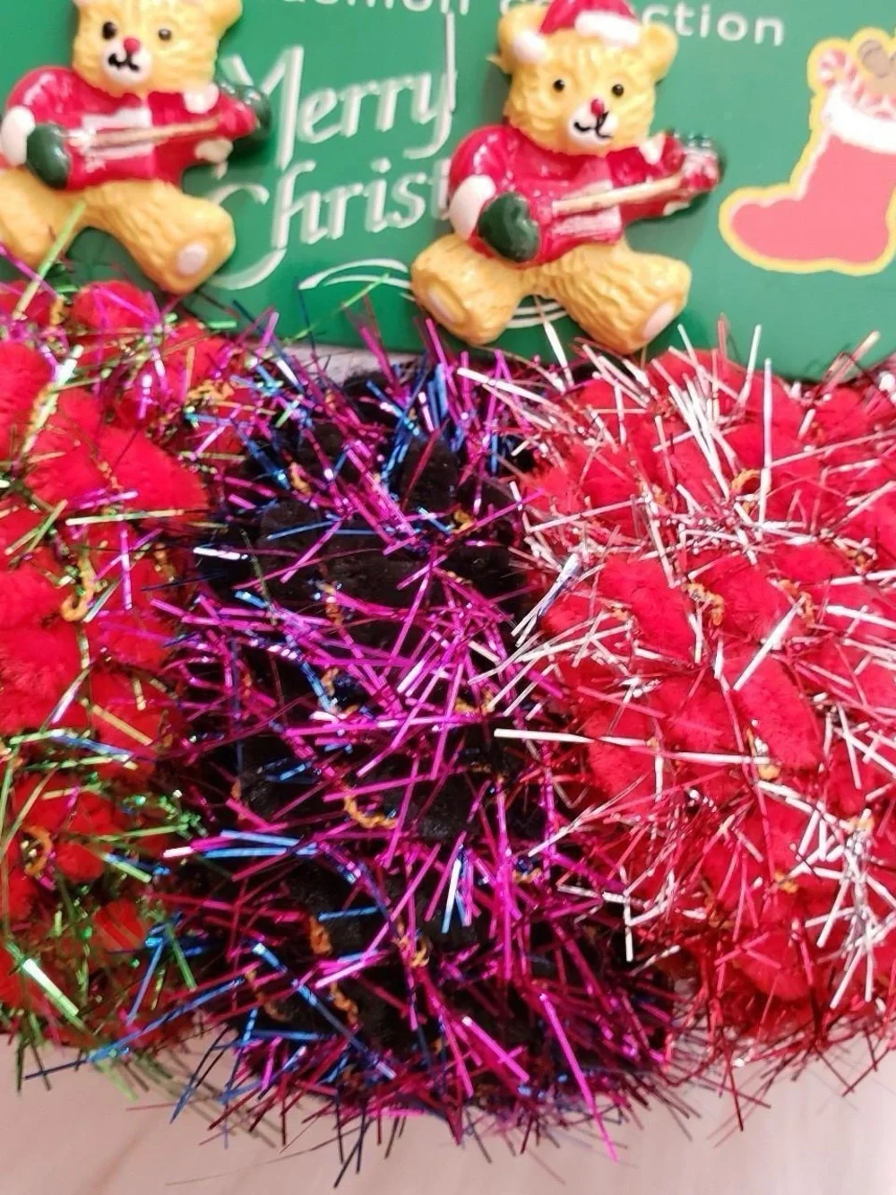 Christmas bear earrings and tinsel scrunchie set.